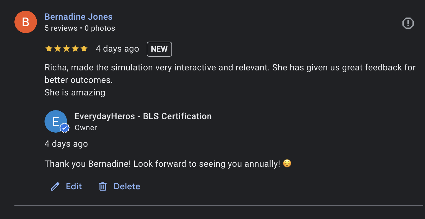 Google review from Bernadine Jones — 5 stars