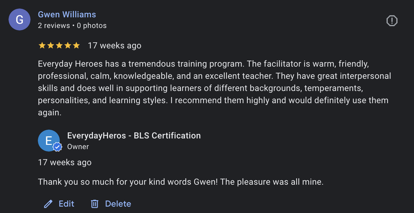Google review from Gwen Williams — 5 stars